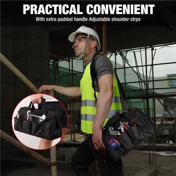 WORKPRO 14" Tool Bag, Multi-pocket Tool Organizer with Adjustable Strap , black - Picture 3 of 7